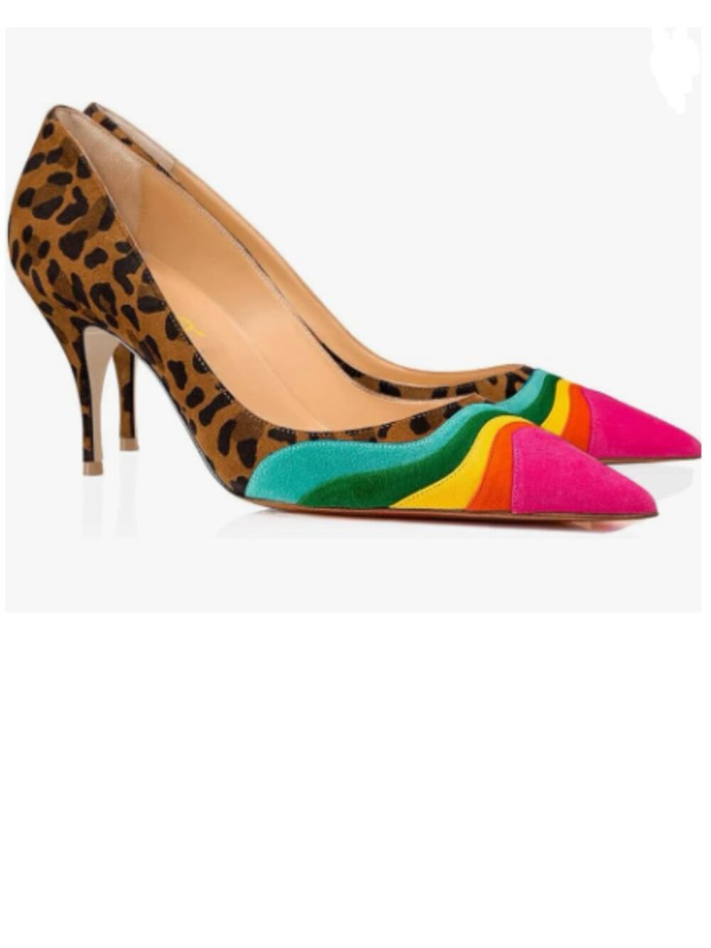 FOWT Leopard-rainbow High Heel Pointed Toe Pump Slip-on Rainbow Shoes for Ladies